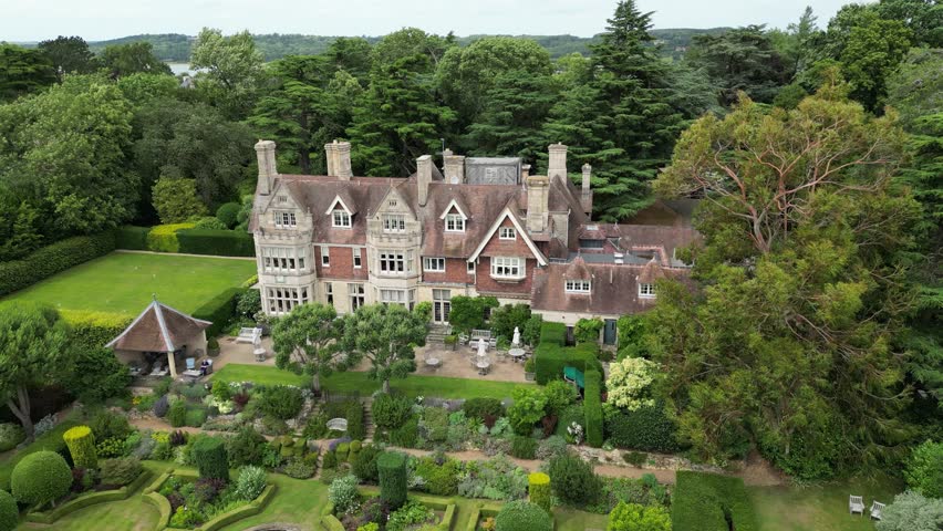 country house hotel aerial drone downward panning shot hambleton hall hotel england