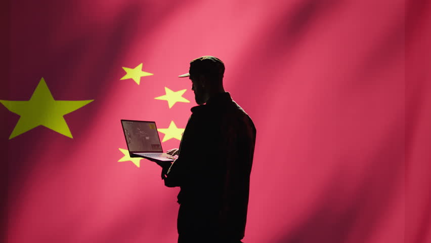 Chinese air defense operator using radar system on laptop to detect intercontinental ballistic missiles. CCP red army soldier scanning rockets approaching borders, isolated over China flag, camera B