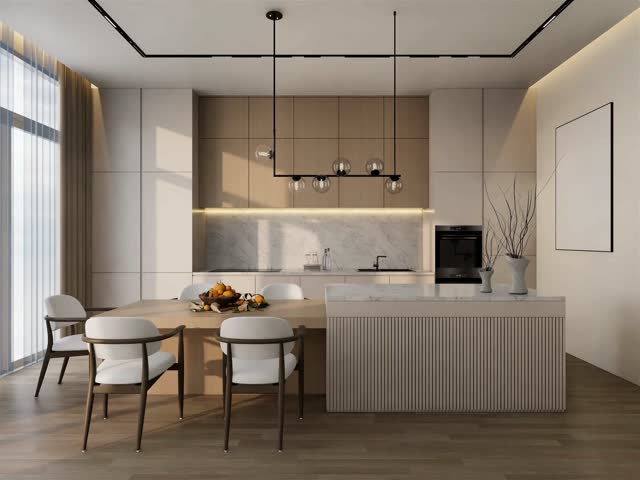 Minimal white kitchen animation, marble, wooden and dinning table, 3d illustration render