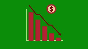 Red animated financial decline trend line chart, Economic crisis, recession, inflation, decrease graph. Bar chart. Profit down. Isolated vector illustration on green screen background. Chroma key - Powered by Shutterstock - Get 15% off with code: PIKWIZARD15
