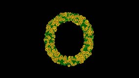 English alphabet O with green leaves and yellow daisy flowers on plain black background - Powered by Shutterstock - Get 15% off with code: PIKWIZARD15