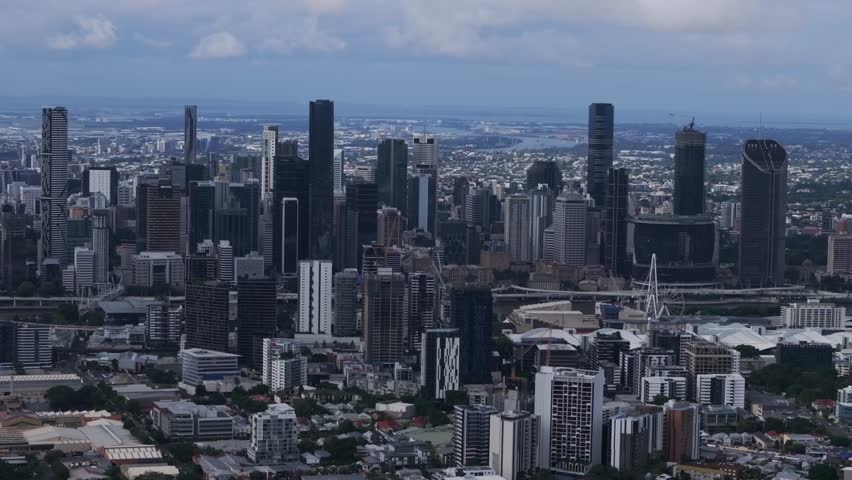 Skyline skyscraper cranes Brissy Brisbane City River South Bank Park Quay ferry boat Australia aerial drone Glass House Mountains grey cloudy morning summer autumn winter Aussie forwards motion