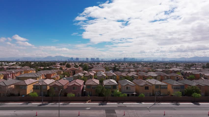 Aerial drone shot of Las Vegas, Nevada real estate with downtown in the distance