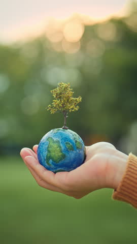 World environment day, B roll - hands of woman holding globe with tree on green tree bokeh background, ecology concept, earth day, Better Environment