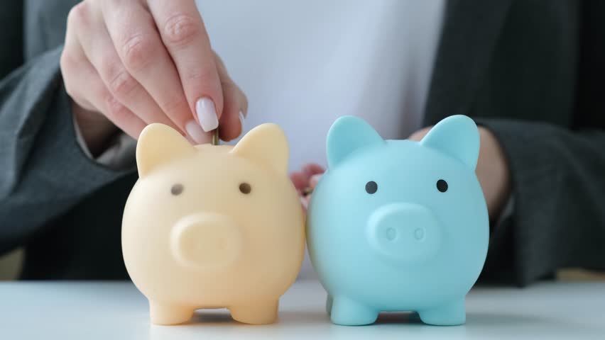 Businesswoman throws coins into two piggy banks in turn. Business person diversifies portfolio. Pension, savings, finance accounting diversification. Saving money, investments diversity concept
