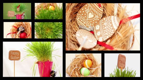 Easter set, eggs, nest, grass, spinning, hand-made, belt, black background