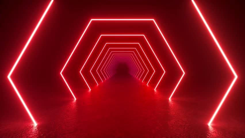 A person walks through a dark tunnel illuminated by glowing neon tube lights on the concrete floor. 4K 3D Animation Loop Futuristic Sci Fi Lines