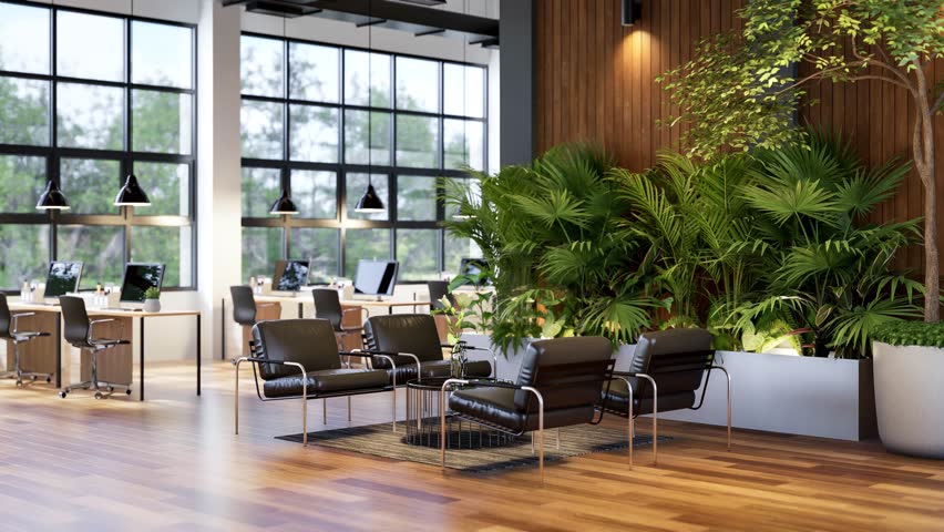Animation of modern industrial loft style office living area interior decorated with green nature 3d render, There are wooden floor and plank wall, large window overlooking nature view