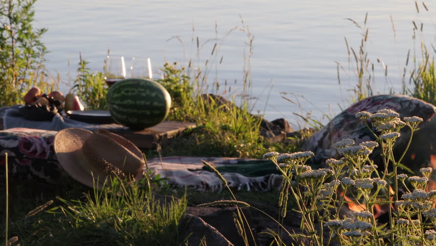 picnic in nature with fruit and wine on the river bank on a summer day 