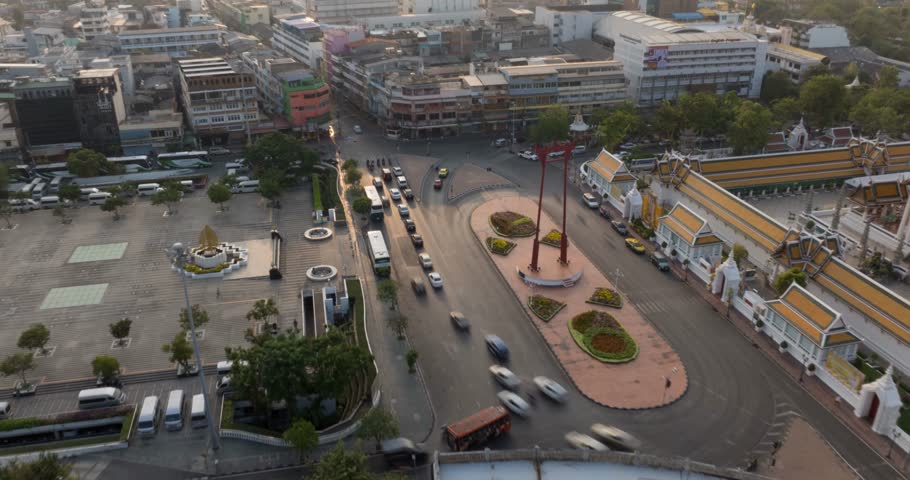 4k An Aerial view Hyperlapse Footage of the Red Giant Swing and Suthat Thepwararam Temple, The most famous tourist attraction in Bangkok, Thailand