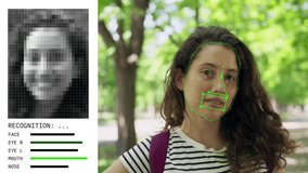 Face recognition and detection technology using AI and algorithm to detect face. Young woman in park recognized by artificial intelligence computer app. Government spying method or human verification - Powered by Shutterstock - Get 15% off with code: PIKWIZARD15