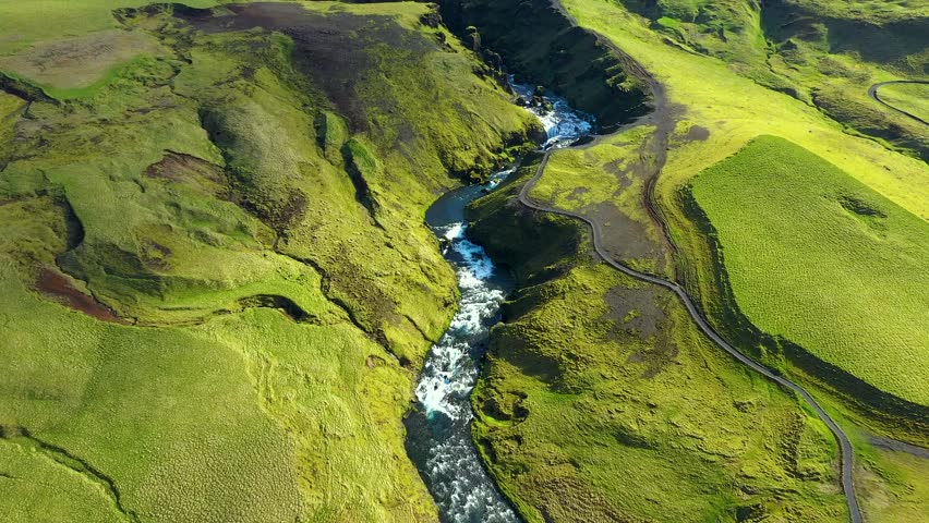 Skogar river under the Eyjafjallajokull volcano Iceland aerial slow motion view
