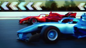 3D rendering intense side-by-side race of race cars on neon-lit track, capturing thrill and speed of motorsport at night - Powered by Shutterstock - Get 15% off with code: PIKWIZARD15