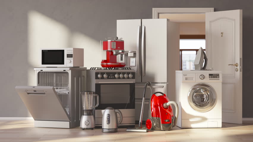 Set of home kitchen appliances in the room.. Appliance delivery through an open door in an apartment. 3d video animation