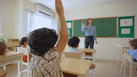Caucasian young woman teacher teaching student in classroom at school. Attractive beautiful female instructor master explain and educate children with fun activity at preschool nursery kindergarten. - Powered by Shutterstock - Get 15% off with code: PIKWIZARD15