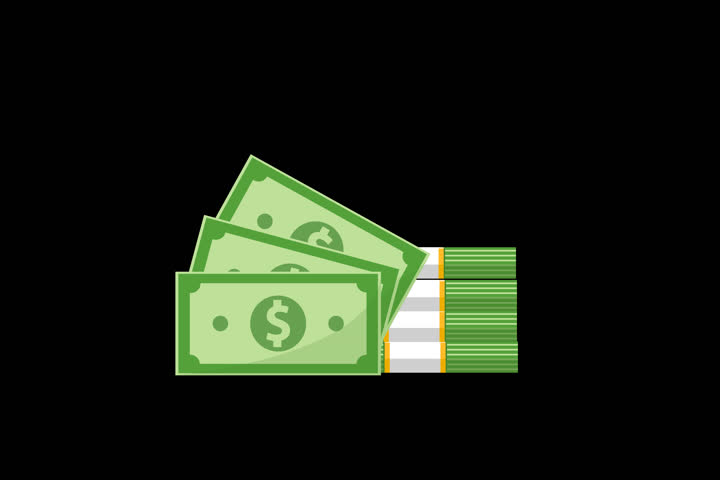 Paper money icon, Green dollar banknotes cash icons, 2D animated stack of green dollars adding up, Stack of cash dollar bills.