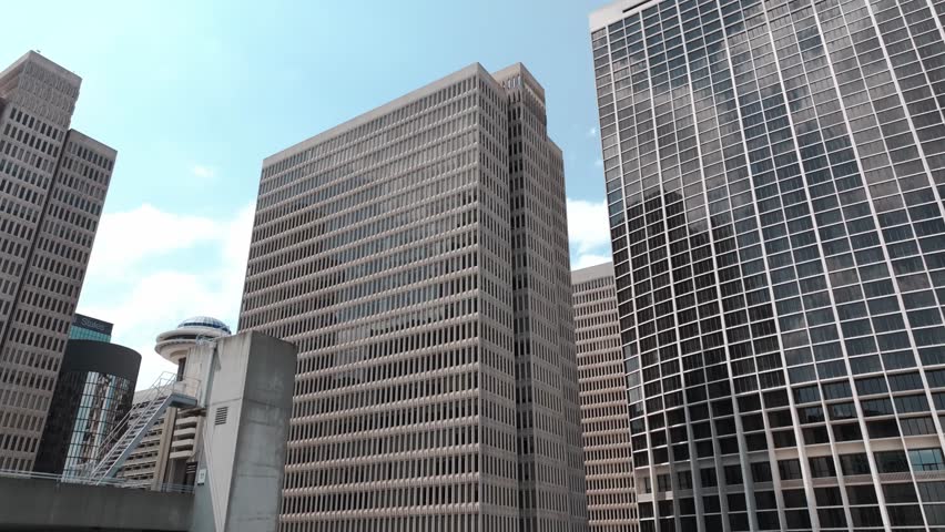 Looking up at modern office building architecture in financial district of Downtown Atlanta, Peachtree Center