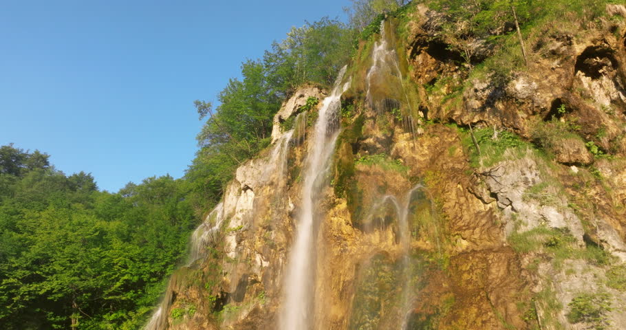 Veliki Slap Waterfall On Sunny Morning In Plitvice Lakes National Park, Croatia. low angle, arc shot