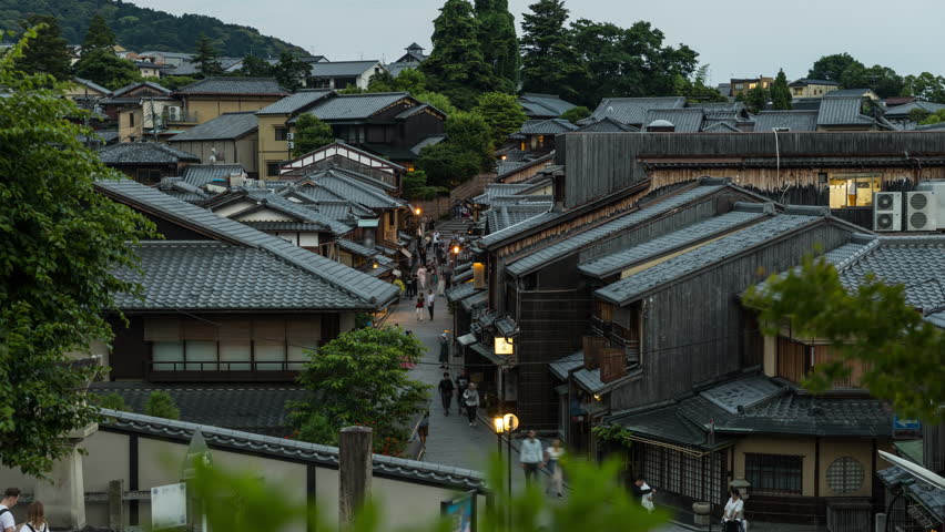 Ancient street in old traditional town in Kyoto city at sunrise, travel Japan and Japanese culture concept