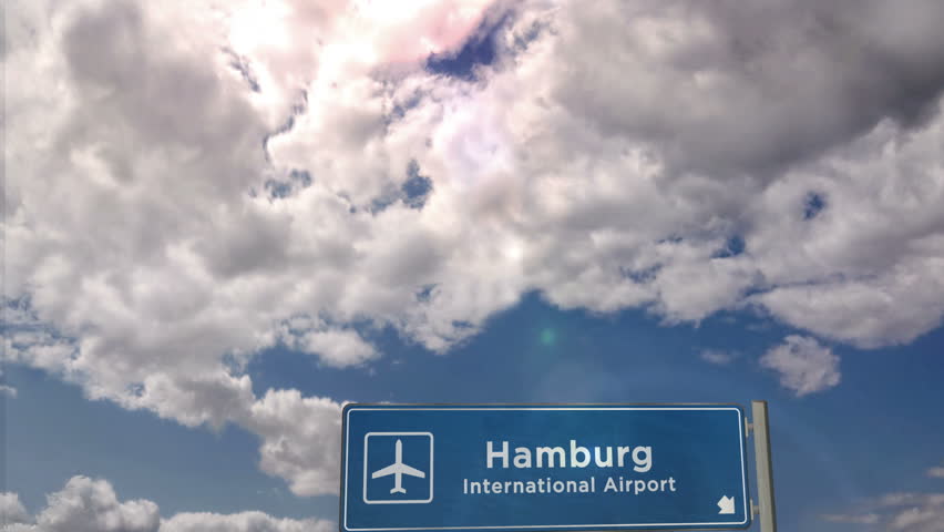 Jet plane landing in Hamburg, Germany. City arrival with airport direction sign. Travel, business, tourism and transport concept. 3D rendering.