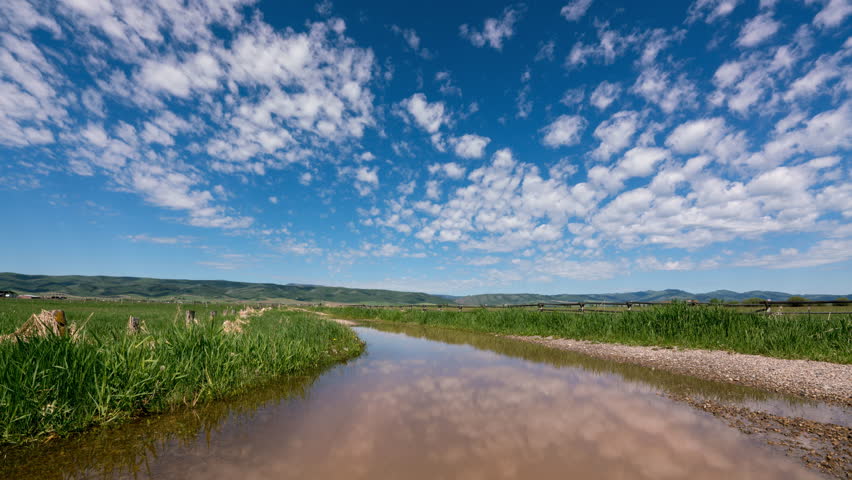 Timelapse of clouds reflecting in water in green marsh during the Spring.
