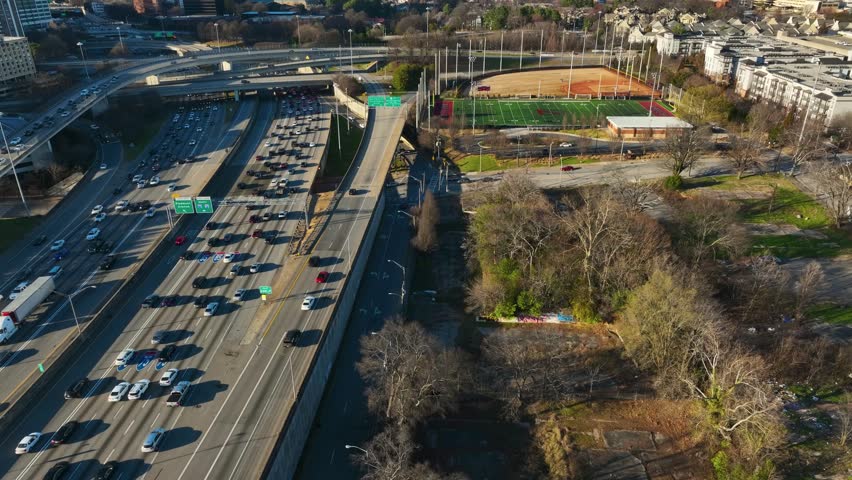 Atlanta City Freeway Traffic In Georgia, USA - Aerial Drone Shot