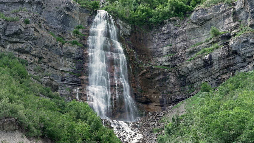 View of Bridal Veil Falls during the Summer in the shade of Provo Canyon.