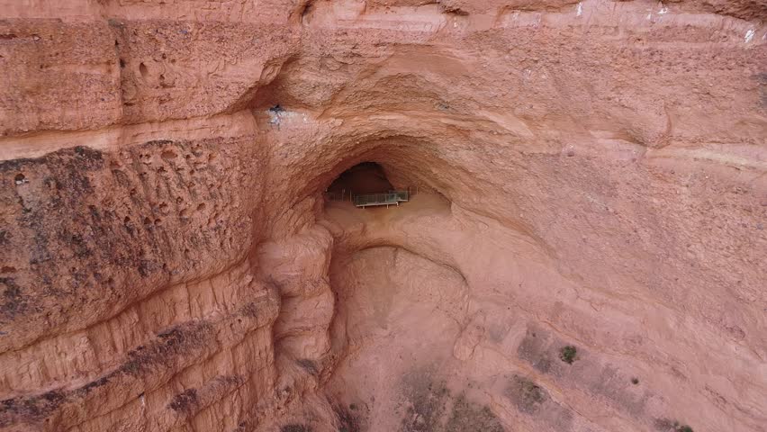 Aerial images of Red Canyon Las Medulas (Ponferrada, Spain). Roman gold mine. UNESCO World Heritage Site. Natural landscape. Reddish mountains