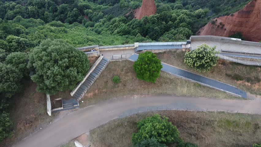 Aerial images of Red Canyon Las Medulas (Ponferrada, Spain). Roman gold mine. UNESCO World Heritage Site. Natural landscape. Reddish mountains