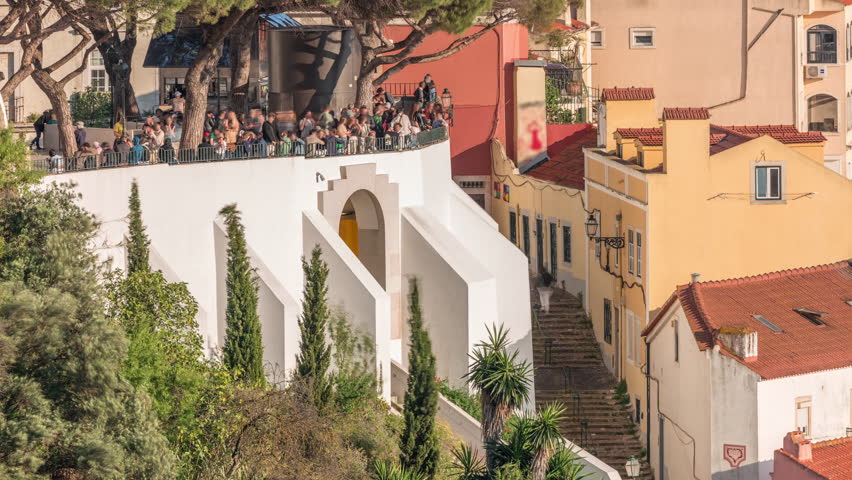 Tourists at the viewpoint Miradouro da Graca look at Lisbon overview aerial timelapse. One of the best in the city and very popular among tourists. Newly opened funicular going up and down. Portugal