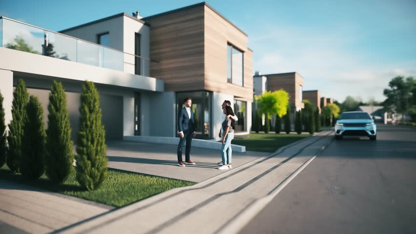 Young couple buys a house. Young couple with real estate agent visiting house for sale. Real estate agent show a modern house to client. 3d animation