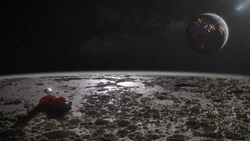 Astronaut sitting on the moon, surrounded by a lunar landscape. The Earth is visible in the background, creating a stunning view. The astronaut is lying down in a relaxed and contemplative posture.
