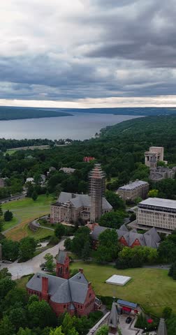Vertical, late afternoon, springtime, aerial view of Cornell University, Ithaca, NY, USA
