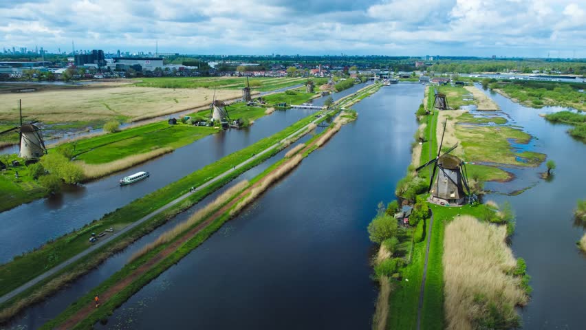 Aerial View of Windmills on Water Canal in Village Kinderdijk, The Netherlands