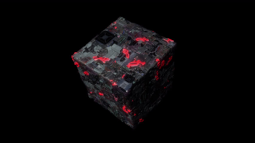 Sci-fi Cube Animation. Alien Object Animation. Electric Circuit Cube. Alien Cube Rotation Animation with Transparent Background. Alpha Channel. Loop Animation