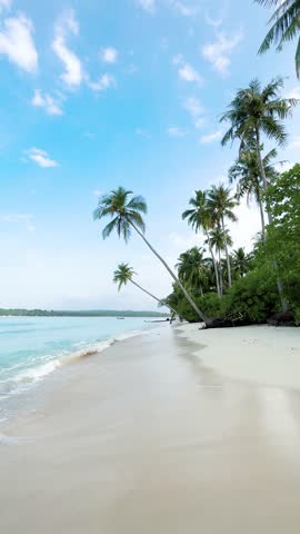 Beautiful tropical beach with white sand, palm trees, turquoise ocean against blue sky with clouds on sunny summer day. Perfect landscape background for summer background and summer holiday concept.