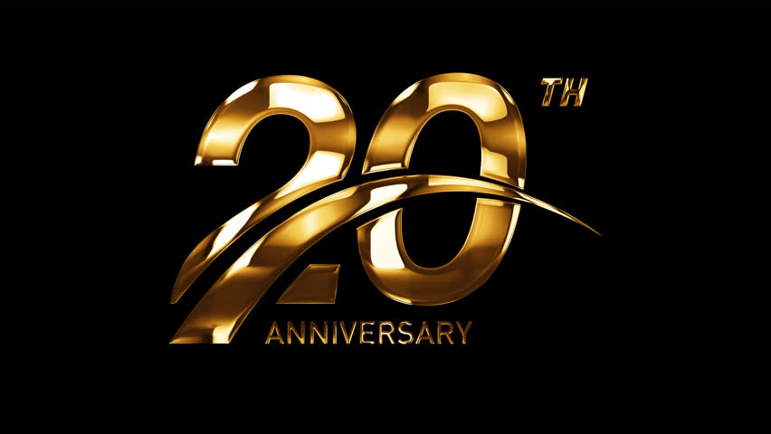 20th Golden Anniversary Celebration with Swoosh. Happy 20 Years Anniversary Animation in Gold Color on the Transparent Background, Alpha Channel. Great for greetings, celebrations, events, and gifts.