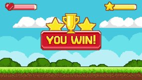 Pixel game you win. Moving banner with cup and congrlatulations. Completing level in arcade or video game. Pixelization and 8 bit style. Entertainment and fun. Graphic animated video clip - Powered by Shutterstock - Get 15% off with code: PIKWIZARD15