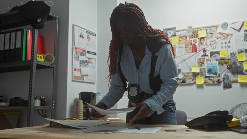 An african american woman detective analyzes evidence in a police station's investigation room.