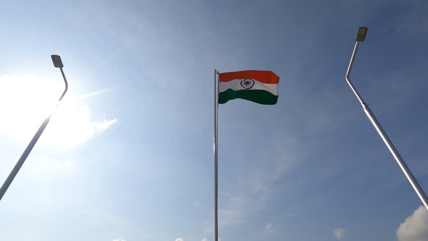 India's National Flag flying high. India flag fluttering. Indian Flag on Independence Day and Republic Day of India. Tricolour celebration.
