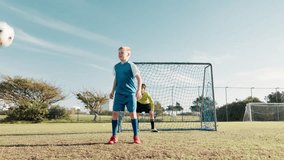 Soccer field, goal and kid with bicycle kick in post for practice, exercise and development of skills. Children, ball and boys with outdoor sport on grass for aim training, workout and score in net - Powered by Shutterstock - Get 15% off with code: PIKWIZARD15