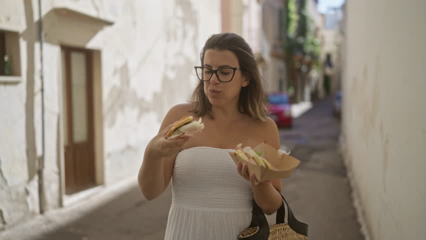Young hispanic woman in gallipoli, italy, enjoying and showing a delicious puccia sandwich while exploring the charming streets of puglia.