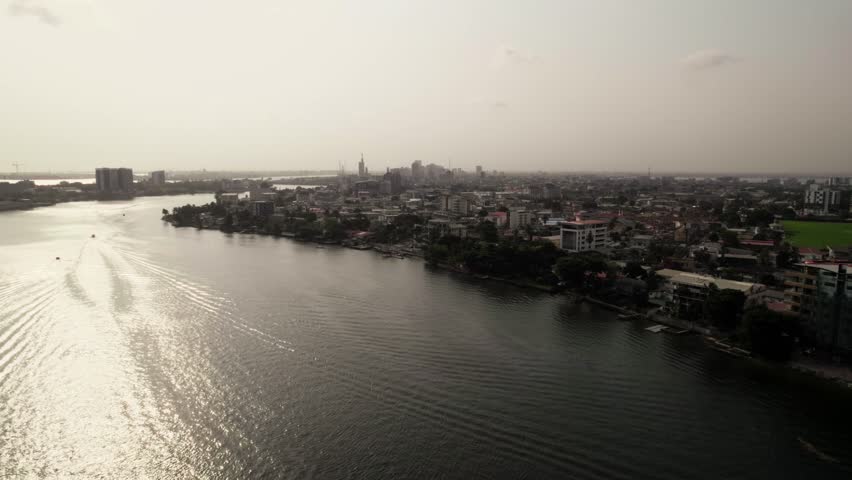 Drone shot of Lagoon and downtown Lagos Nigeria