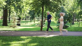 Seniors jogging together on park path surrounded by lush greenery. Concept of active lifestyle, fitness and health in old age. Couple enjoying morning run staying fit and healthy - Powered by Shutterstock - Get 15% off with code: PIKWIZARD15