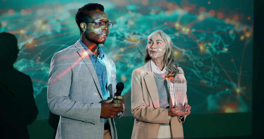 Business people, handshake and celebration at award ceremony with winner, guest or host. Show presenter, environmental summit and success in conference, seminar or convention for renewable energy