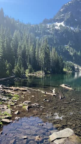 Pan of a lake and mountains in Washington State