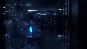 Within a high-tech server room, bathed in the cool glow of data streams, a lone robot stands amidst a crowd of luminous, holographic figures. - Powered by Shutterstock - Get 15% off with code: PIKWIZARD15