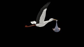 Stork Bird with Newborn Baby - Light Skin - Flying Loop Side View Close Up 4K - Artistic mythological symbolic Ultra HD 3D animation isolated on transparent background with alpha channel - Powered by Shutterstock - Get 15% off with code: PIKWIZARD15