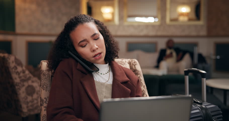 Woman, business trip and phone call or laptop in lobby, mobile and virtual client on app or online conversation. Hotel, email and schedule appointment or talking, travel luggage and communication