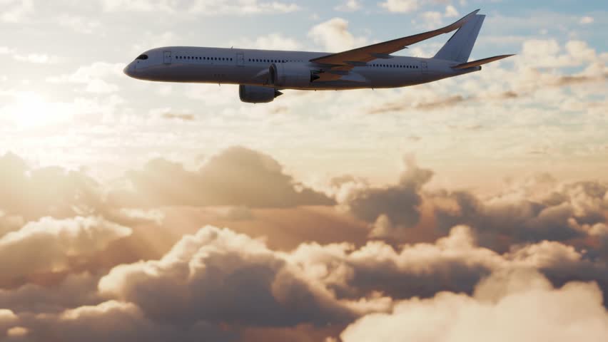 Airplane flying in the sky above the clouds in the sunset